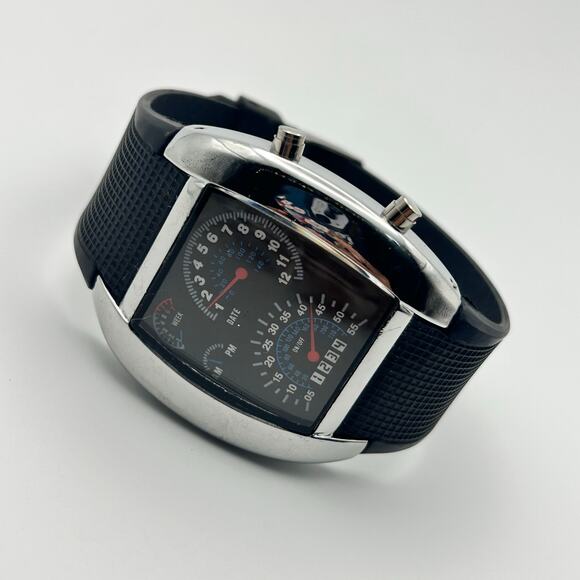 Men's Blue Binary LED Dot Matrix Date Black Rubber 43mm Fashion Sport Watch - Picture 7 of 8